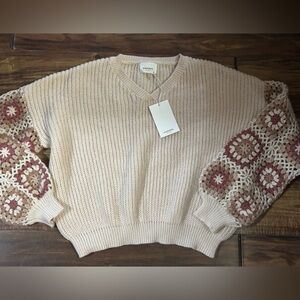 Andre by unit ribbed knit large sweater khaki crochet chunky sleeves patchwork